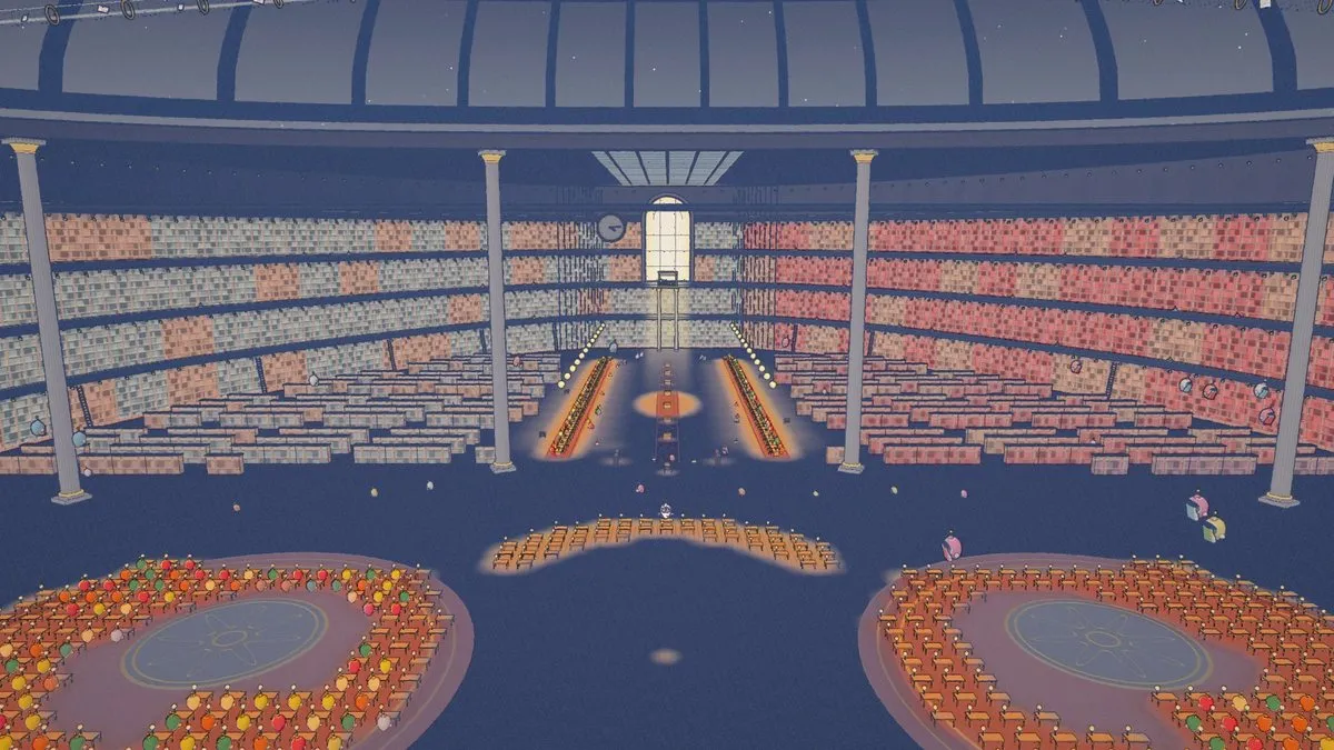 Wide shot of the 3D library set from the music video: tiers of bookshelves, desks and lamps, drawn in riso inks