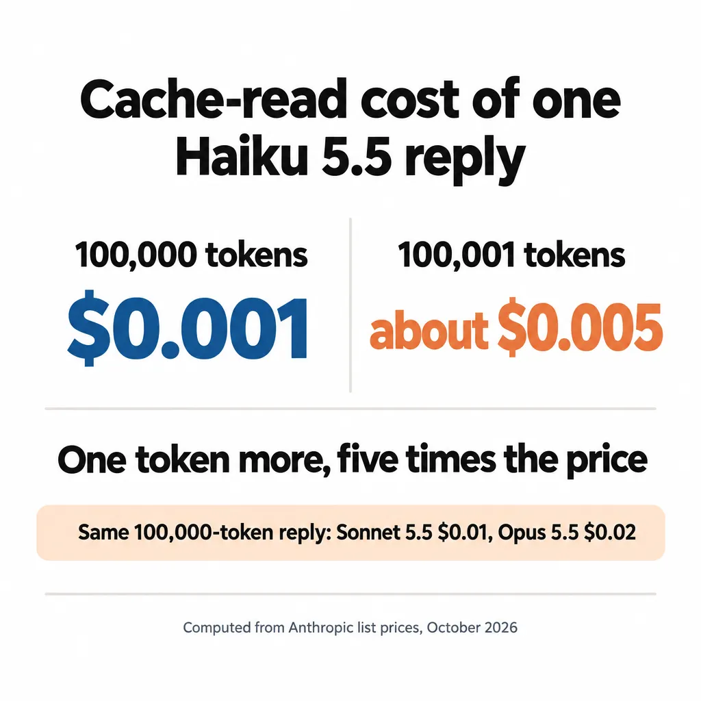 Card comparing Haiku 5.5 cache-read cost per reply: $0.001 at 100,000 tokens and about $0.005 at 100,001 tokens