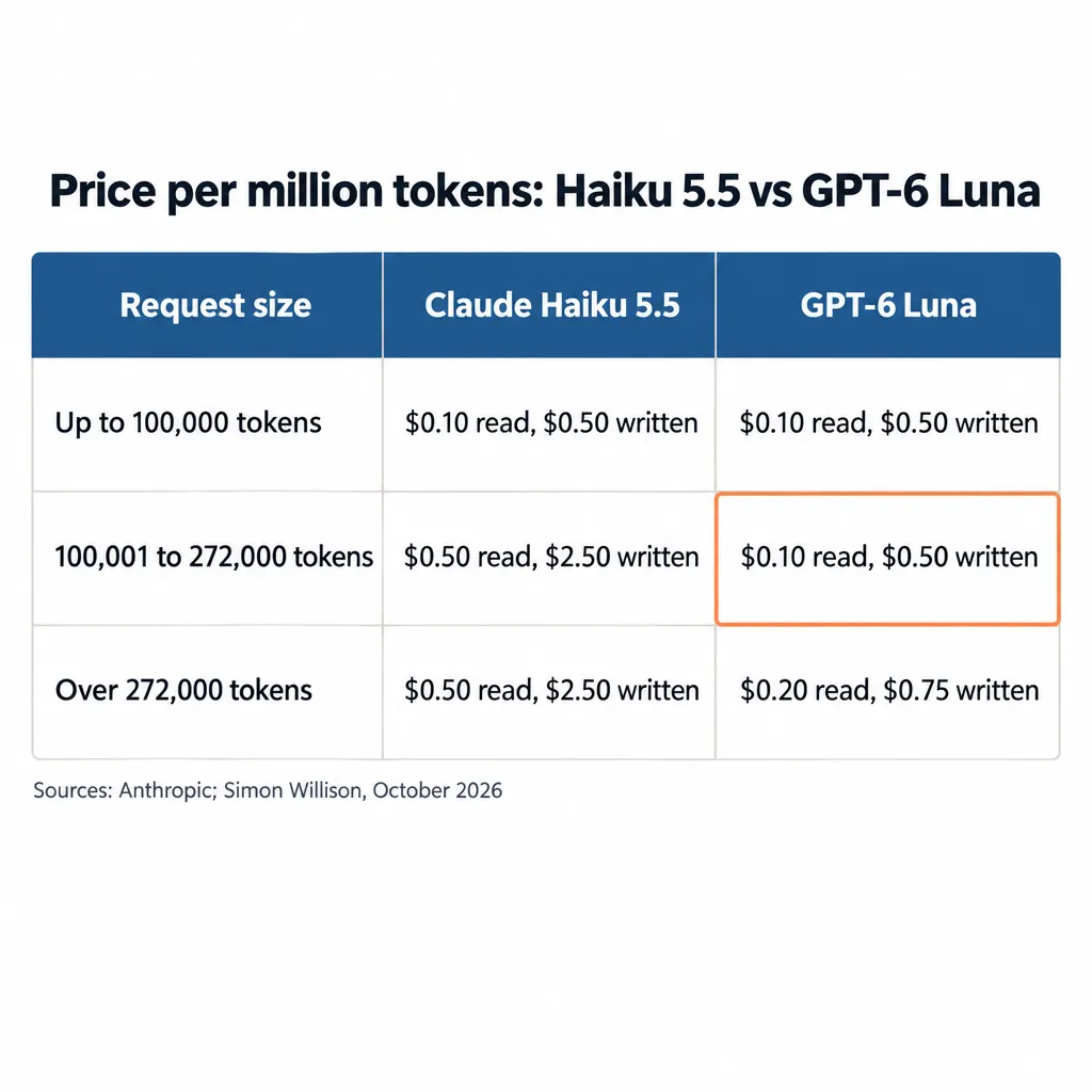 Table of Haiku 5.5 and GPT-6 Luna prices per million tokens up to 100,000, up to 272,000 and over 272,000 tokens