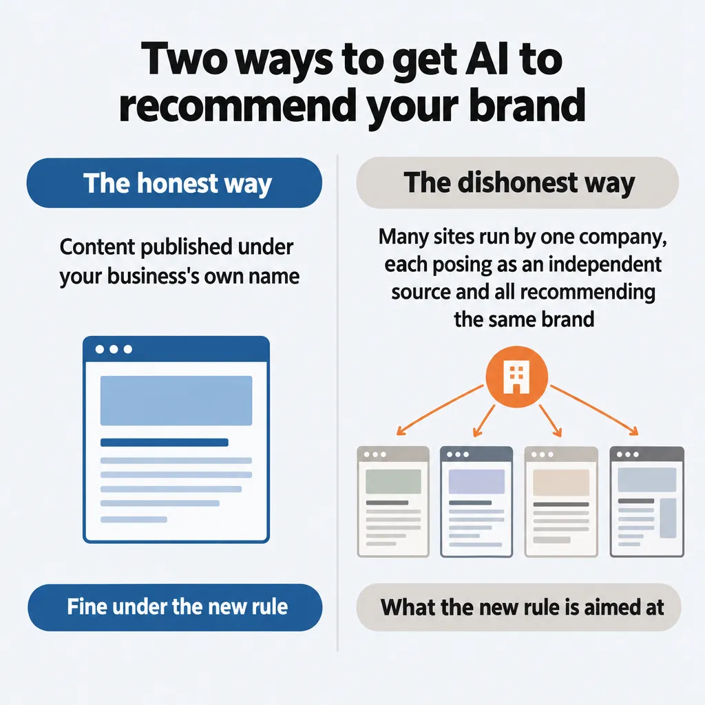 Comparison: content under your own name is fine; a network of sites posing as independent sources is what the rule targets