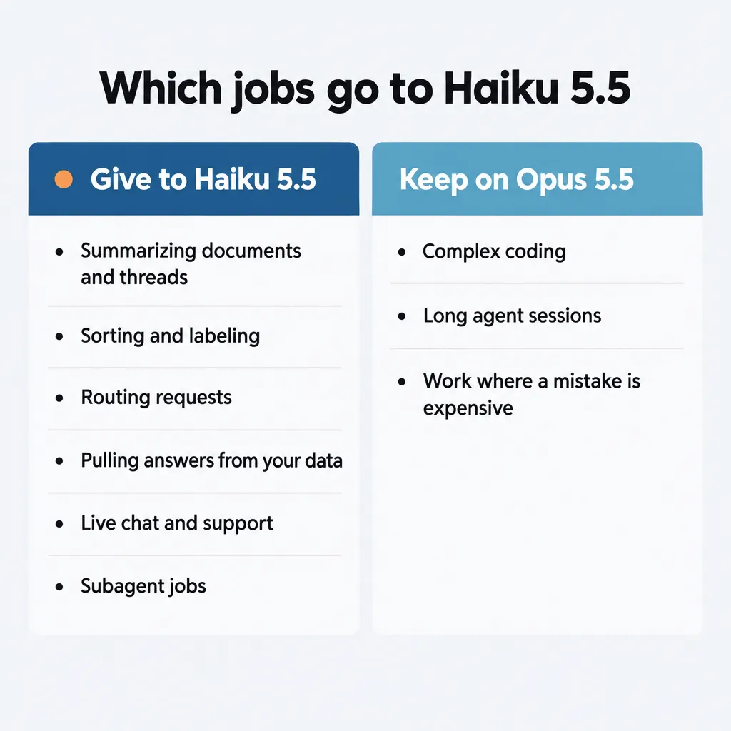Two lists: jobs to give Haiku 5.5, like summaries and routing, and jobs to keep on Opus 5.5, like complex coding