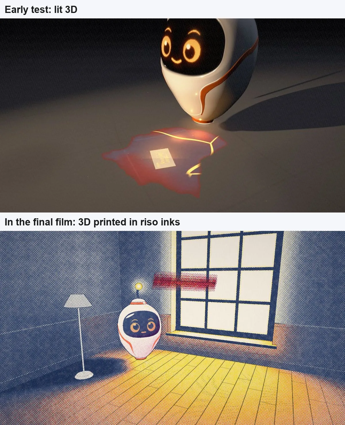 The same shot twice: an early test in lit 3D above the final frame, where the 3D scene is printed in riso inks