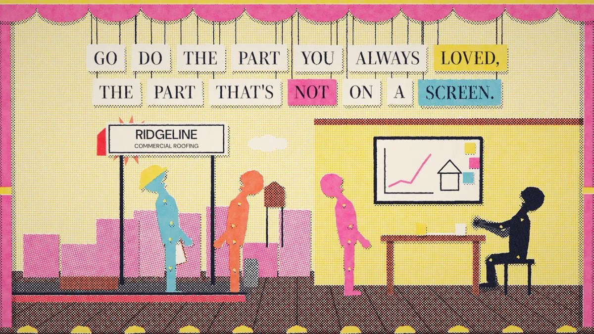 Frame from the music video: lyrics on hanging paper cards above cut-out figures in an office scene, in riso print style