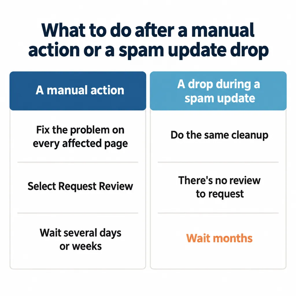 Comparison of what to do after a manual action or a spam update drop: same cleanup, a review or none, weeks or months