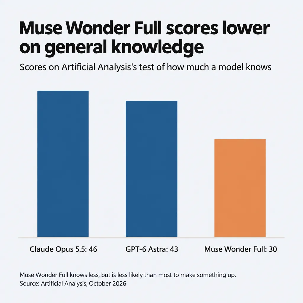 Bar chart of general knowledge scores: Claude Opus 5.5 46, GPT-6 Astra 43, Muse Wonder Full 30 (Artificial Analysis)