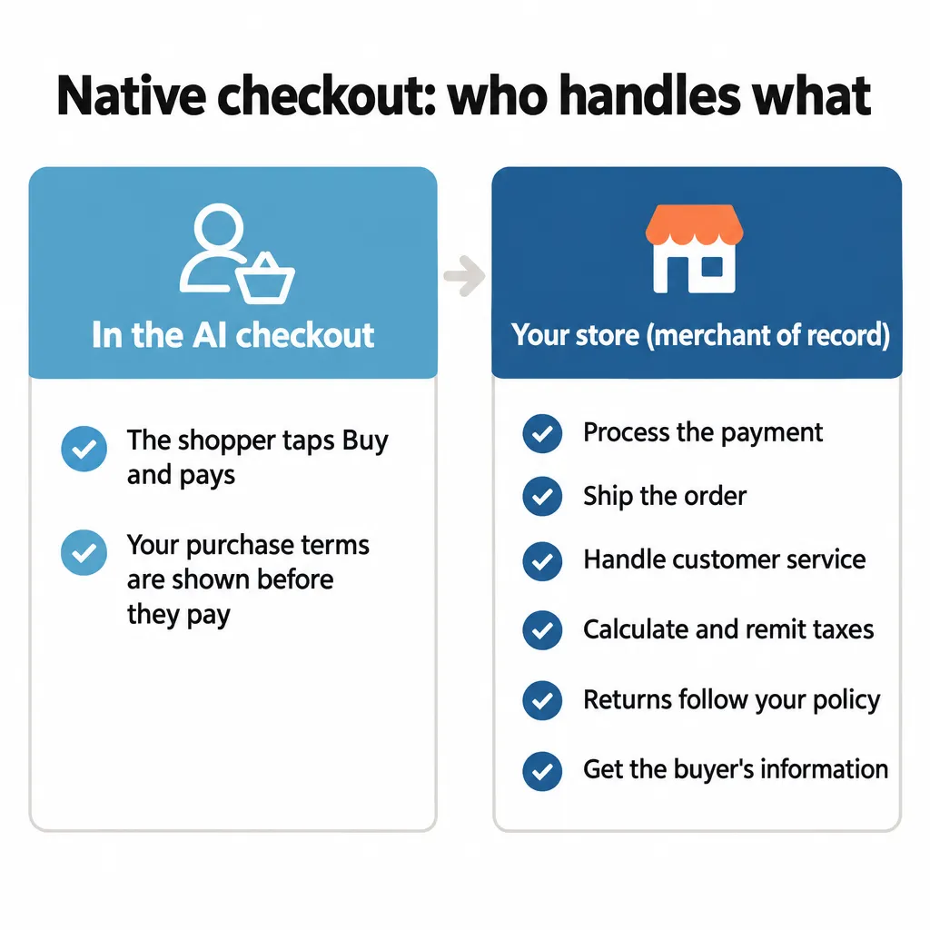 Two-panel card: the shopper pays in the AI checkout; your store processes payment, ships, handles service and taxes