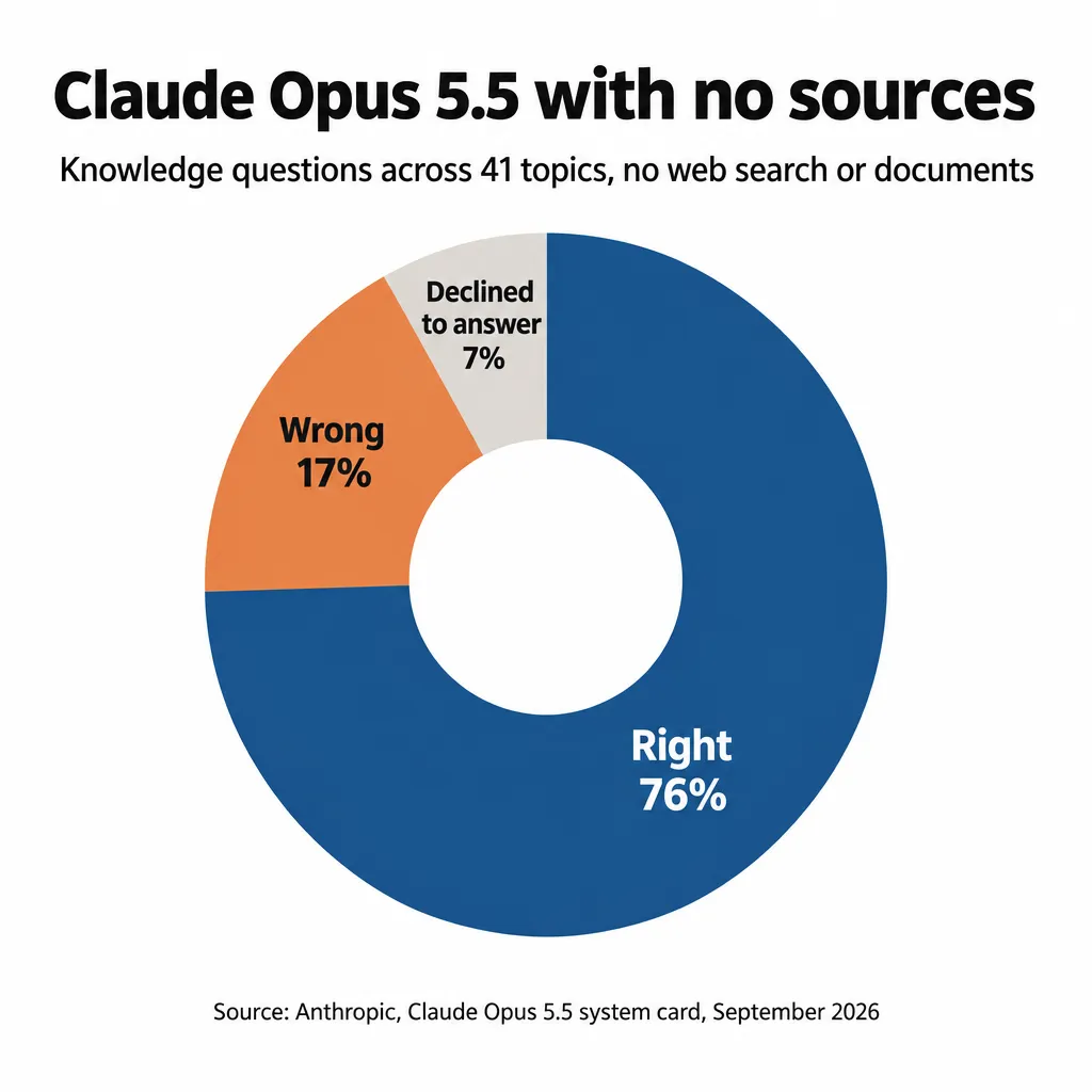 Donut chart: Claude Opus 5.5 with no sources got 76% of knowledge questions right, 17% wrong and declined 7%