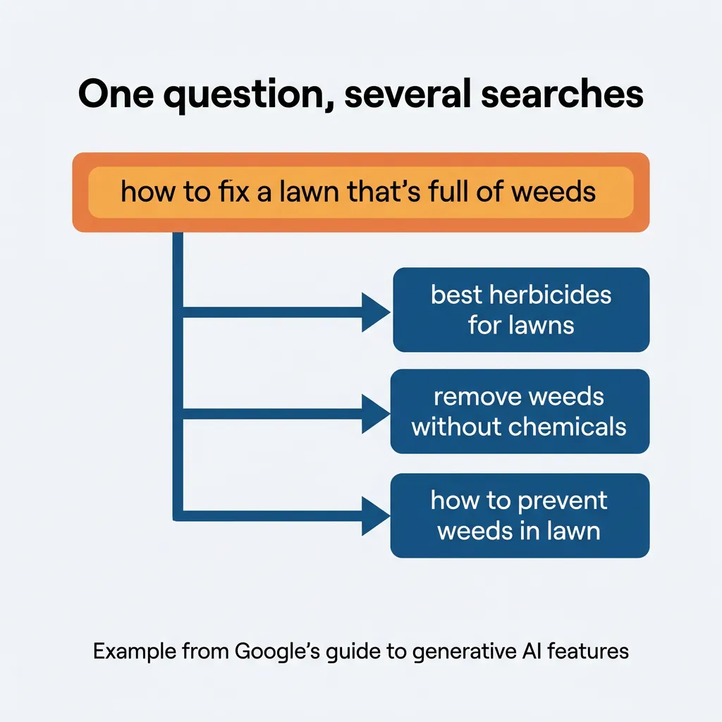 Diagram of one question, how to fix a lawn that's full of weeds, branching into three separate searches