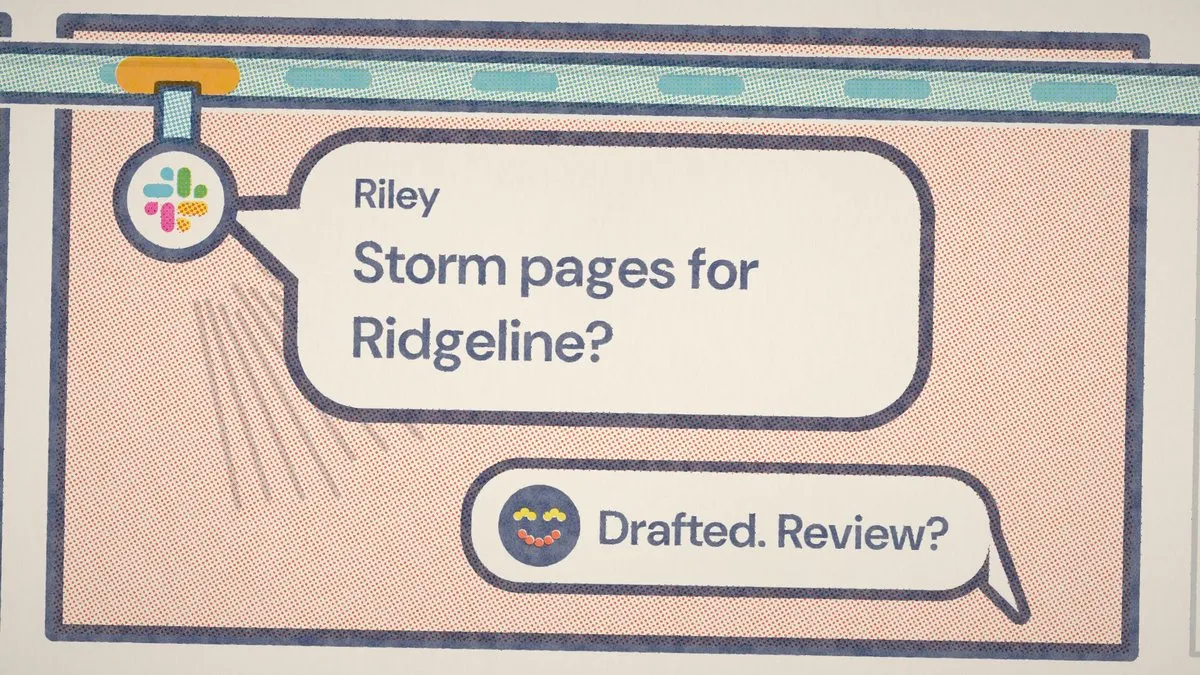 A chat window from the music video, printed in riso inks, with a request for storm pages and the reply Drafted. Review?