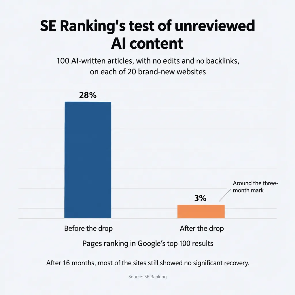 Bar chart: in SE Ranking's test, unreviewed AI pages in Google's top 100 fell from 28% to 3% around three months in