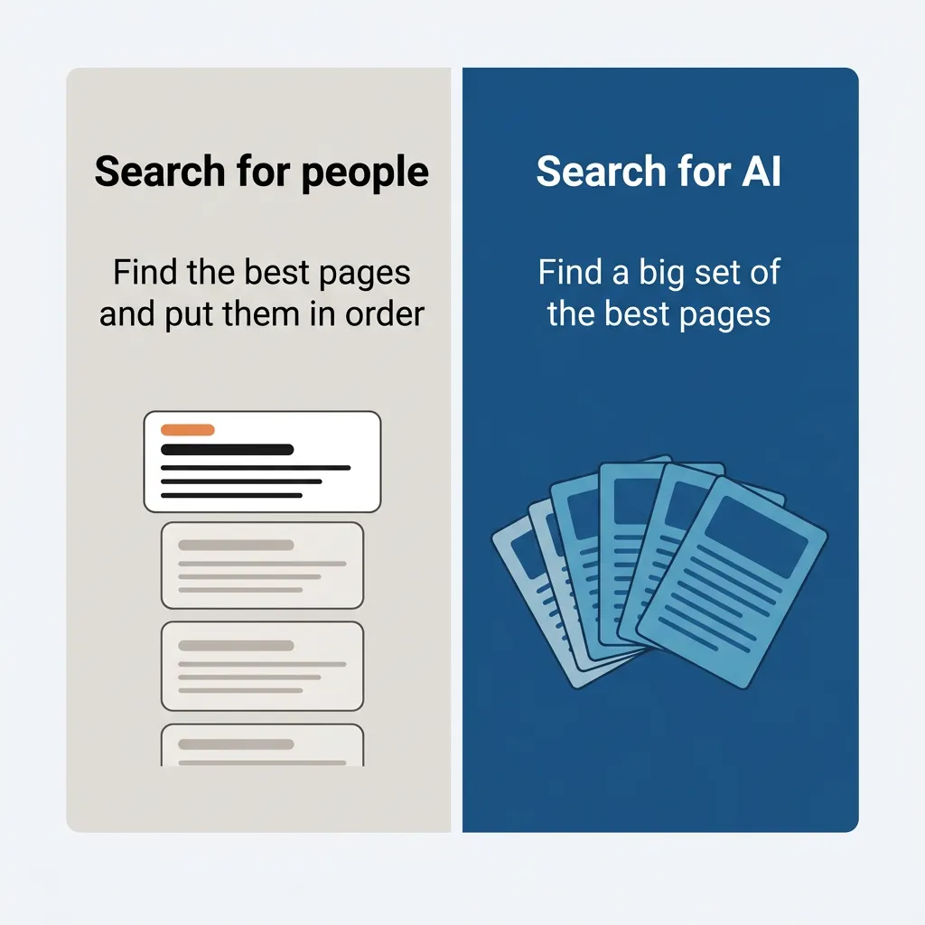Two panels: search for people must find and order the best pages; search for AI must find a big set of them