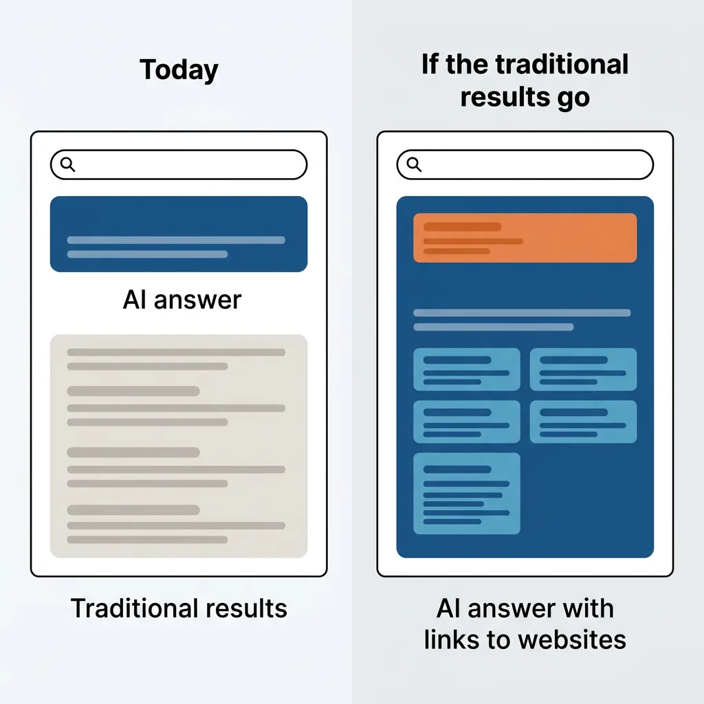Two search pages: today an AI answer above traditional results; next, one AI answer with website links inside