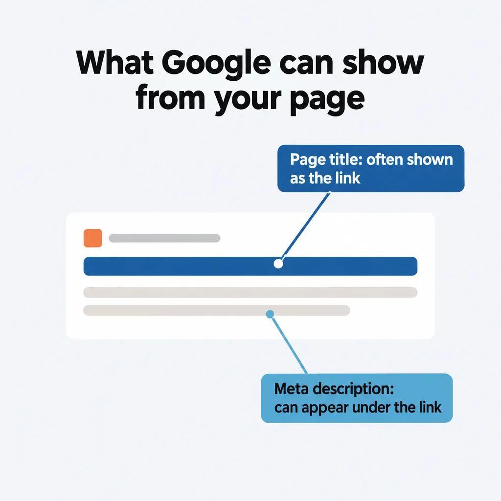 Annotated search result showing the page title as the link and the meta description as the summary under it
