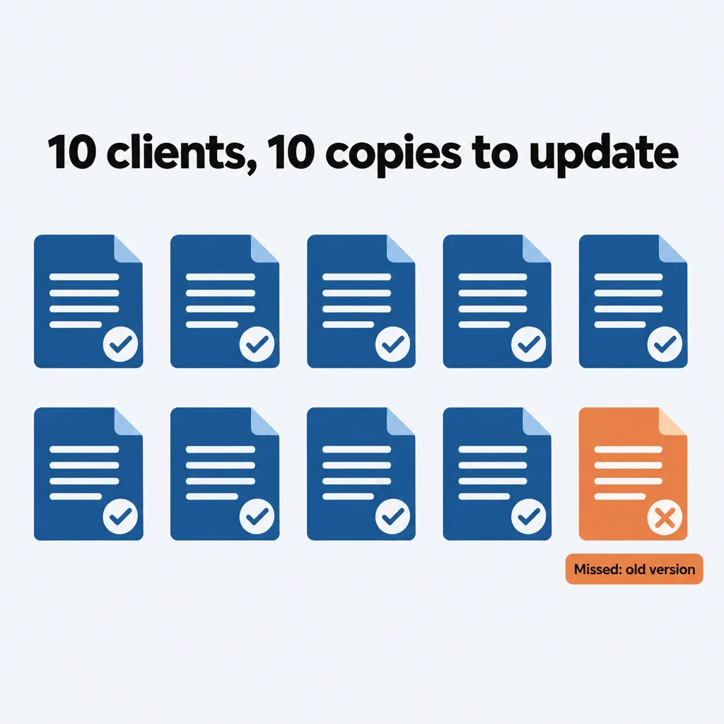 Ten copies of one skill, one per client; nine updated and one missed, still on the old version
