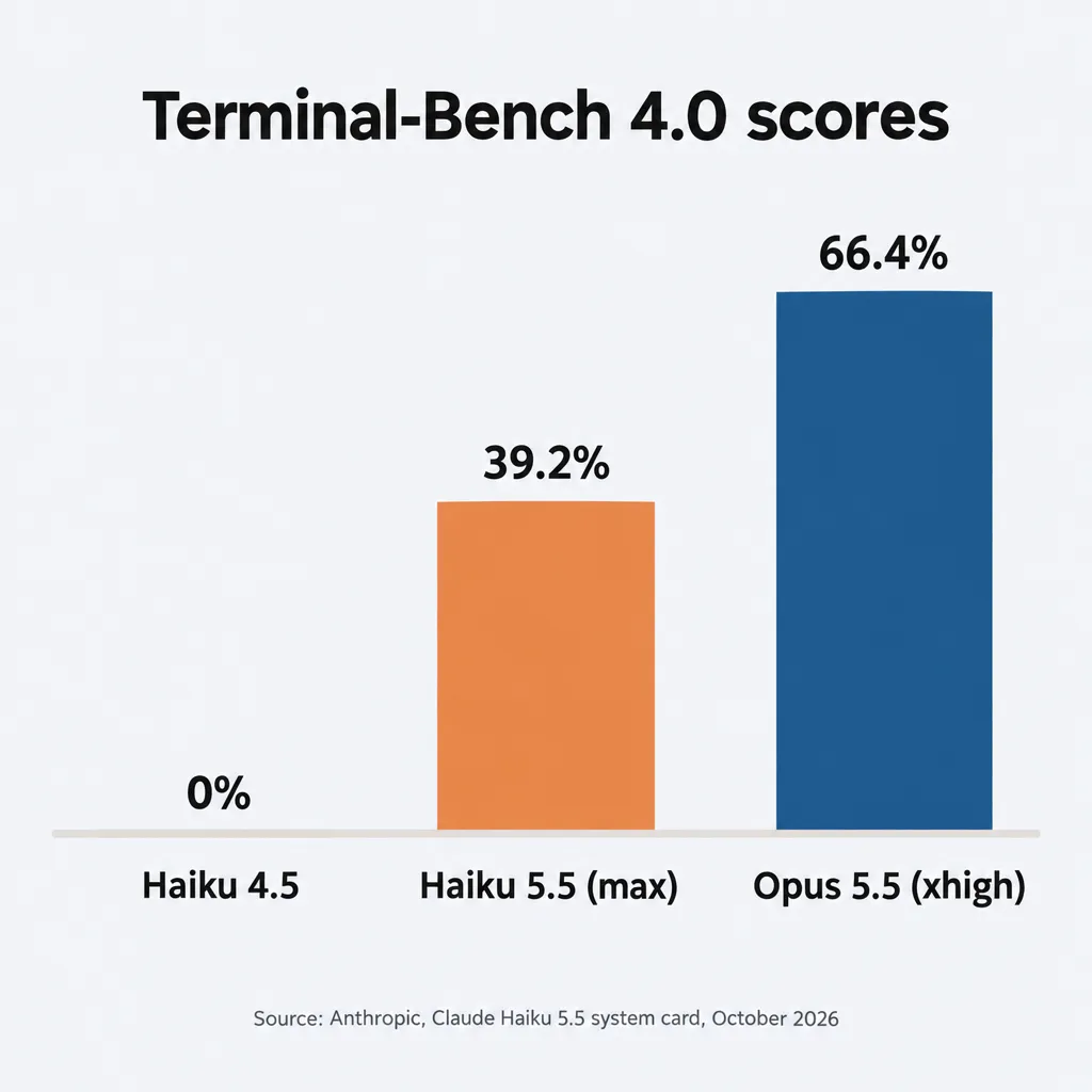 Bar chart of Terminal-Bench 4.0 scores: Haiku 4.5 0%, Haiku 5.5 (max) 39.2%, Opus 5.5 (xhigh) 66.4%