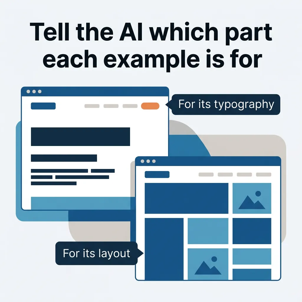 Two example websites, one tagged for its typography and one for its layout, with a note to say which part each is for