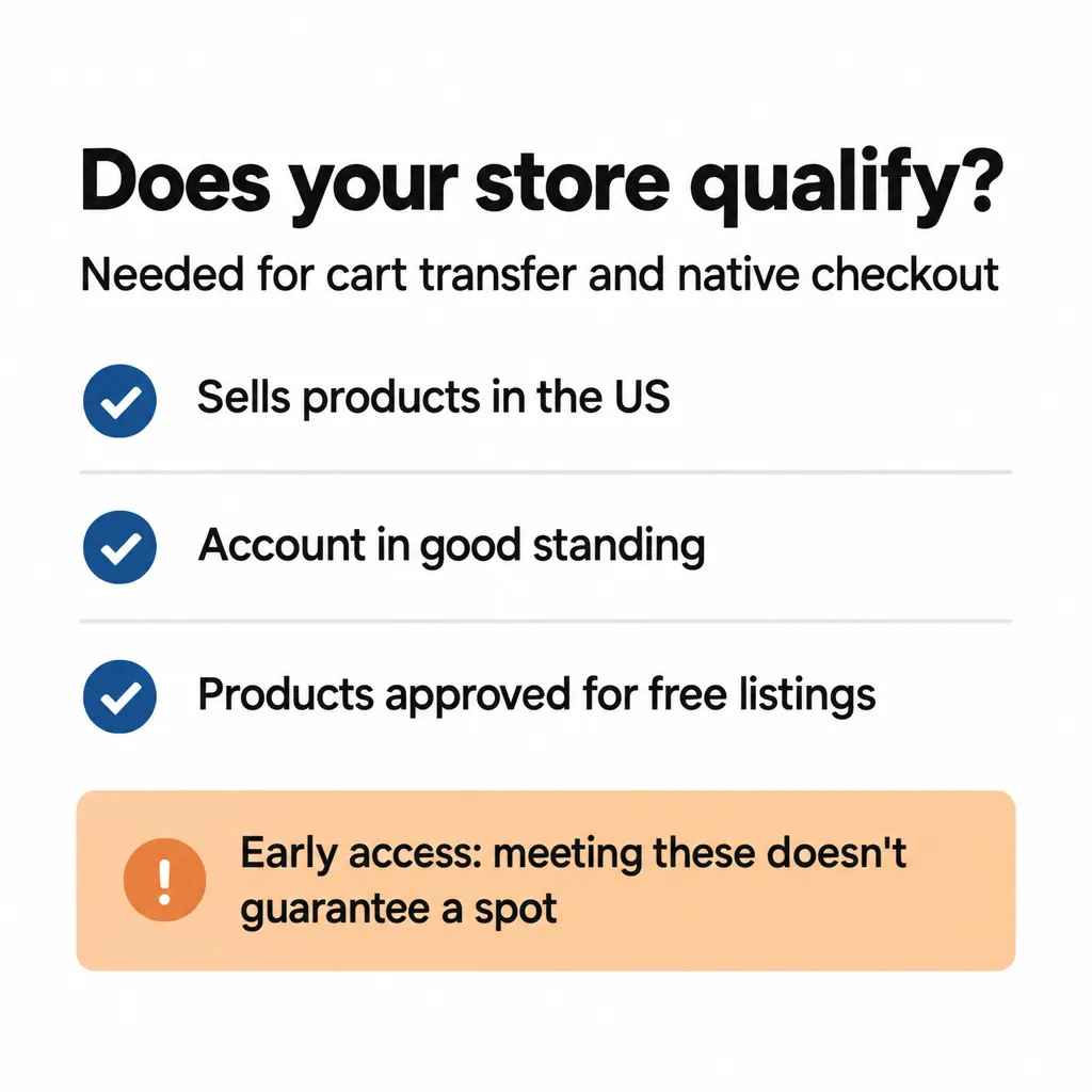 Checklist: sells in the US, account in good standing, products approved for free listings; early access, no guaranteed spot