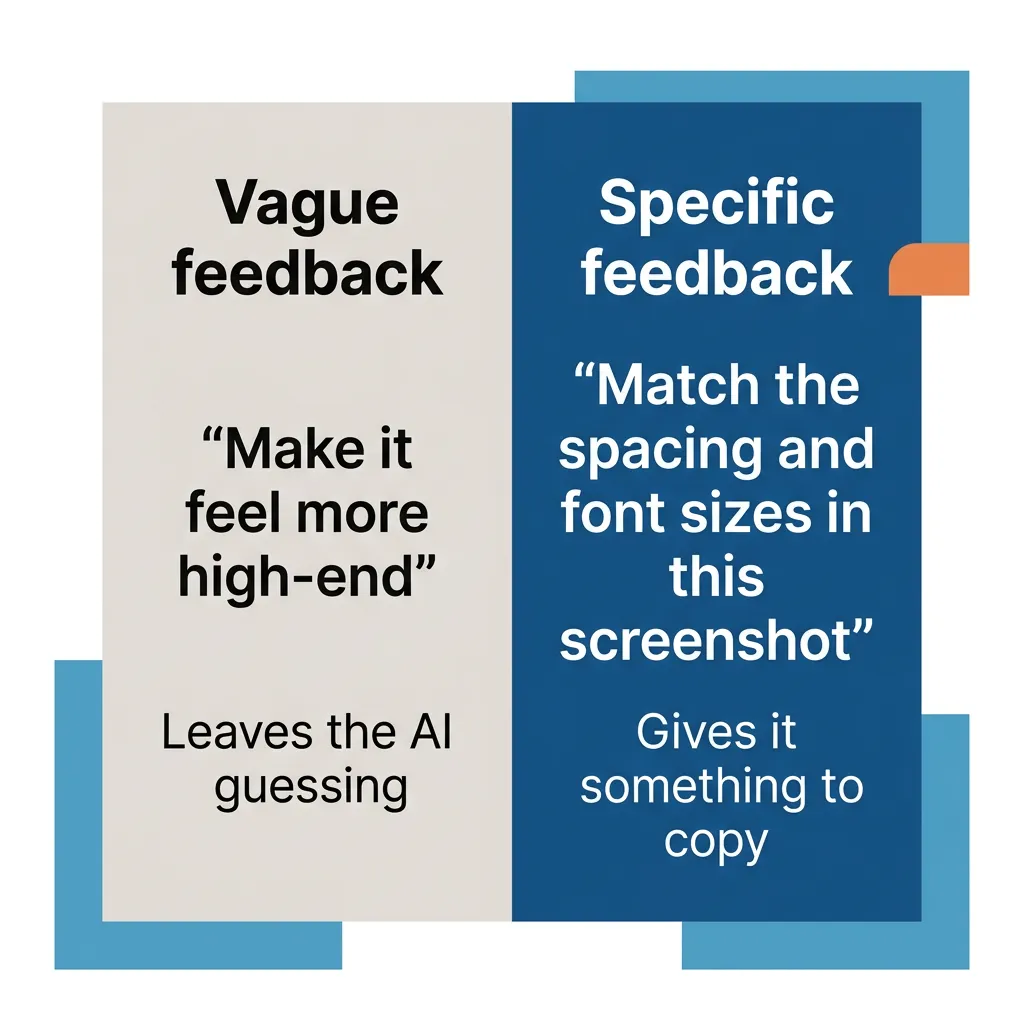 Vague feedback "Make it feel more high-end" leaves the AI guessing; matching a screenshot gives it something to copy