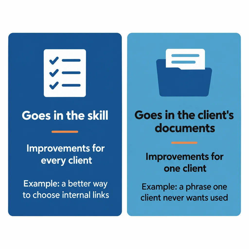 Two panels: improvements for every client go in the skill; improvements for one client go in its documents
