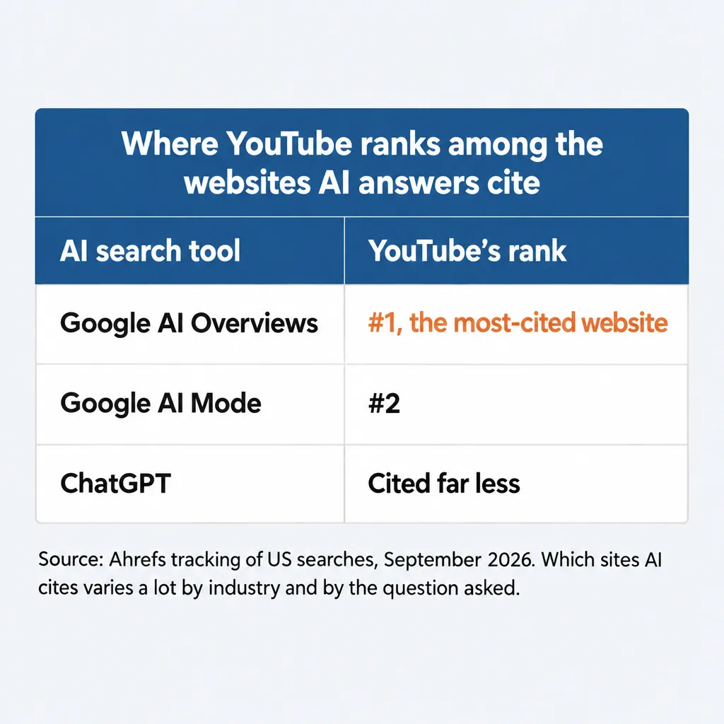 Table: YouTube is the most-cited website in Google AI Overviews, #2 in AI Mode, and cited far less by ChatGPT (Ahrefs)